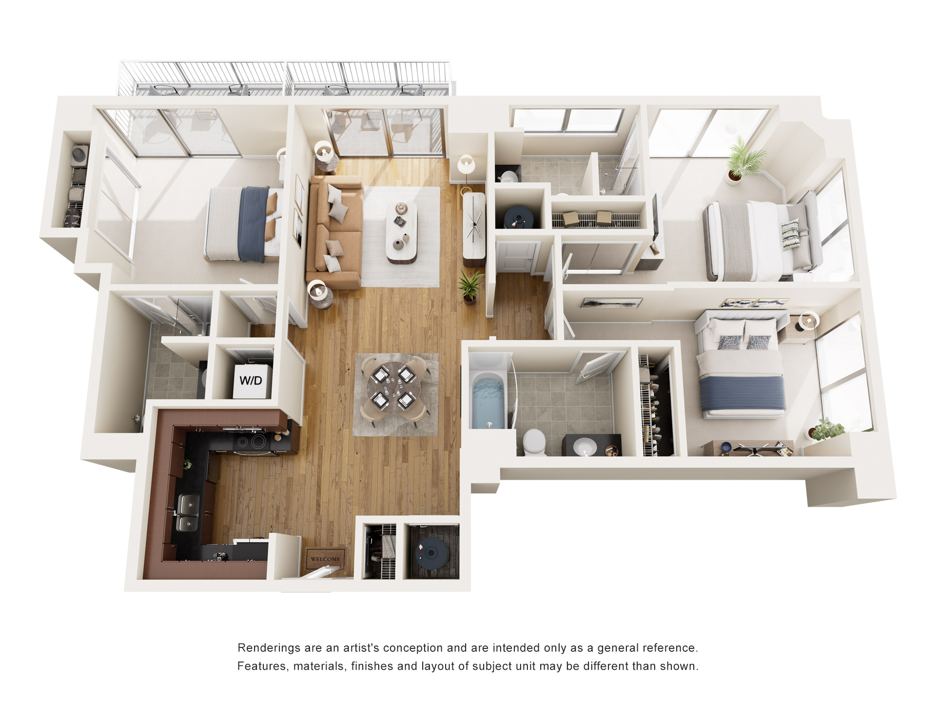 Floor plan for 3 beds, 3 baths, 1331 sqft